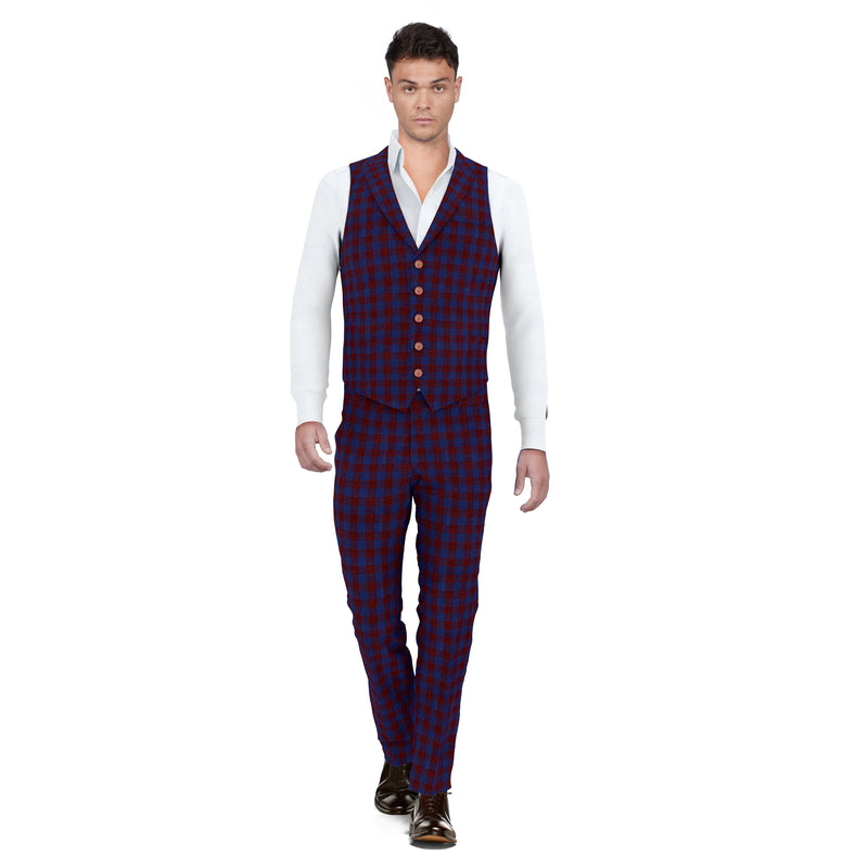 Radiant Rosewood Red-Blue Checks Waistcoat